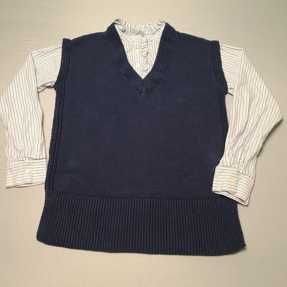 Loft V Neck Sweater Vest Womens XS Ruffled‎ Collar Knit Layered Preppy Academia